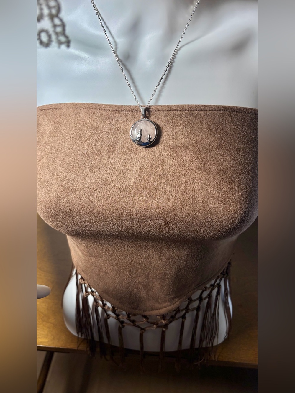 Rose Quartz Wolf & Cactus Soft Pink Circular Necklace
